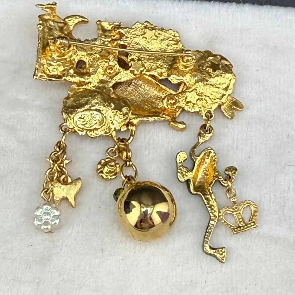 Vintage Kirks Folly Frog Prince Brooch Gold Tone Enamel Rhinestone Signed